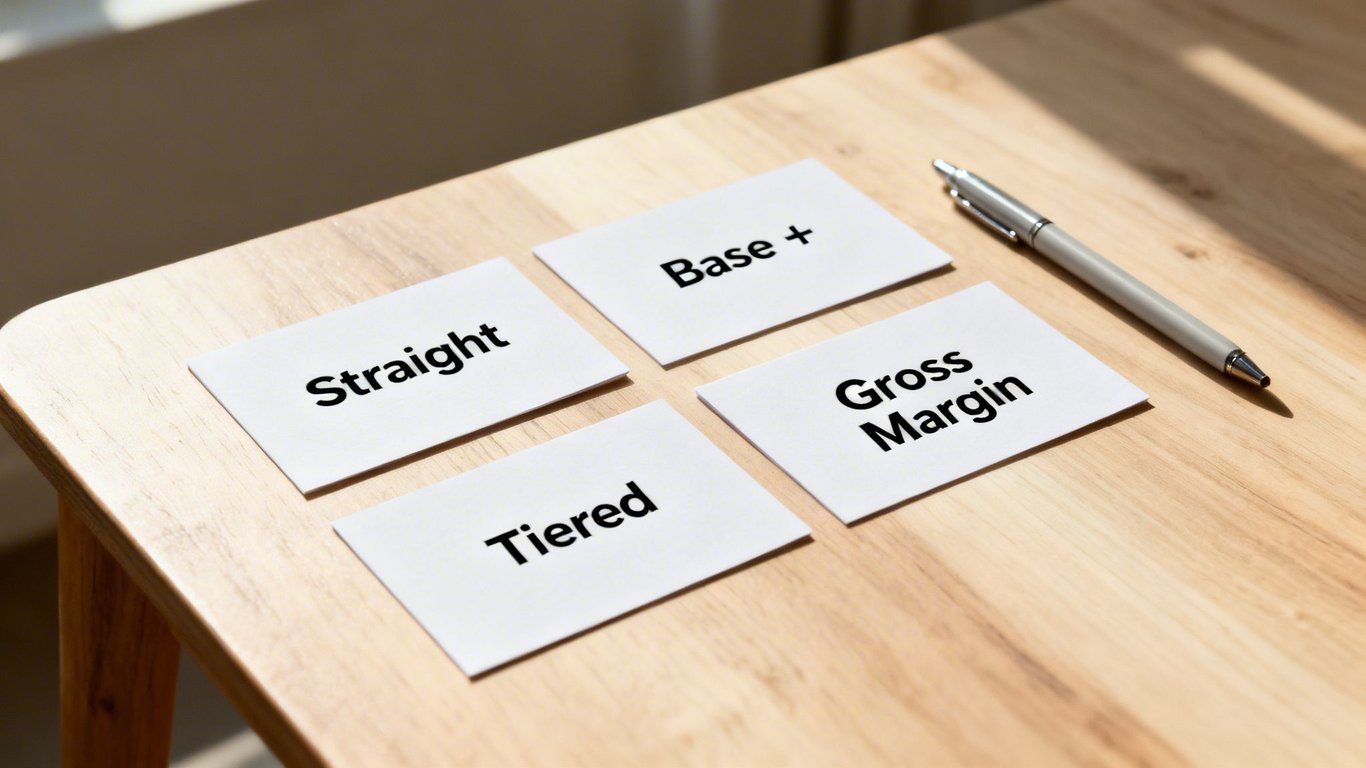 Four white cards displaying 'Straight', 'Base +', 'Tiered', 'Gross Margin' commission types on a wooden table with a pen.