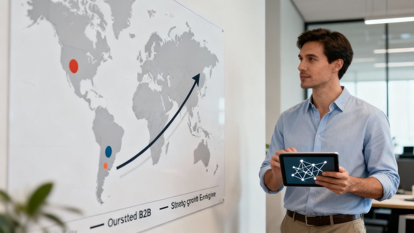 Professional man presenting a world map with a growth strategy and holding a digital tablet.