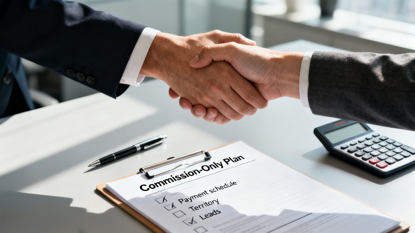 Two professionals in suits shaking hands over a desk with a 'Commission-Only Plan' document.