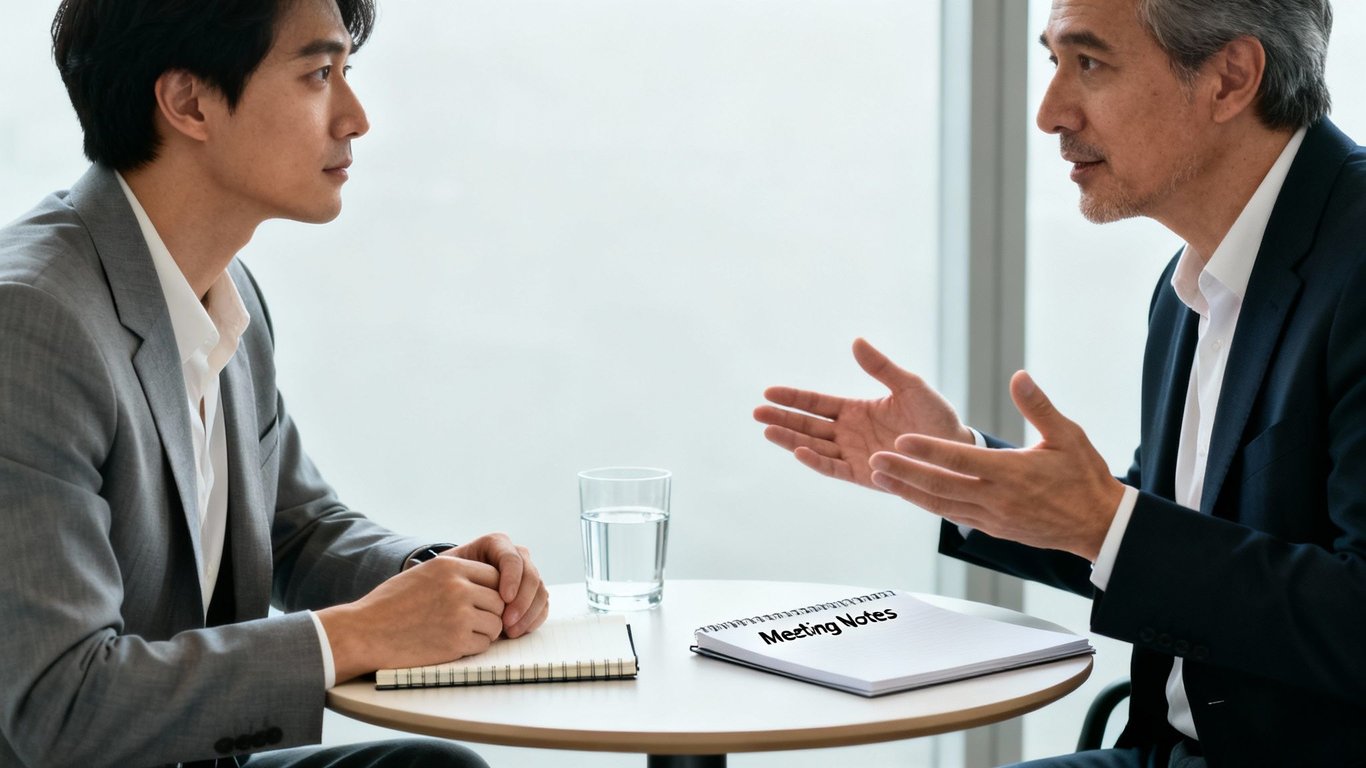 Two businessmen discuss during a meeting, with one gesturing and 'Meeting Notes' visible on the table.