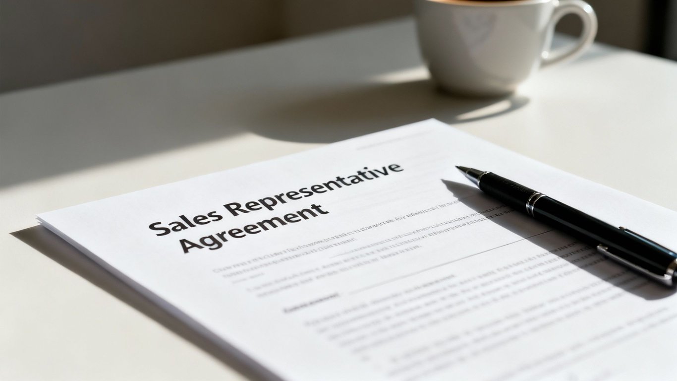 Close-up of a Sales Representative Agreement document, a pen, and a coffee cup on a table.