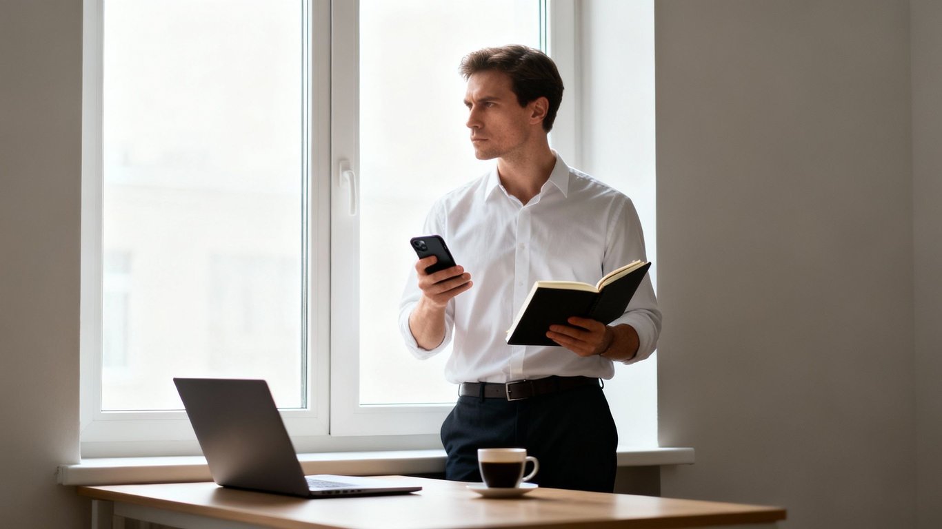 A pensive businessman stands by a bright window, holding a phone and notebook, near a laptop and coffee.