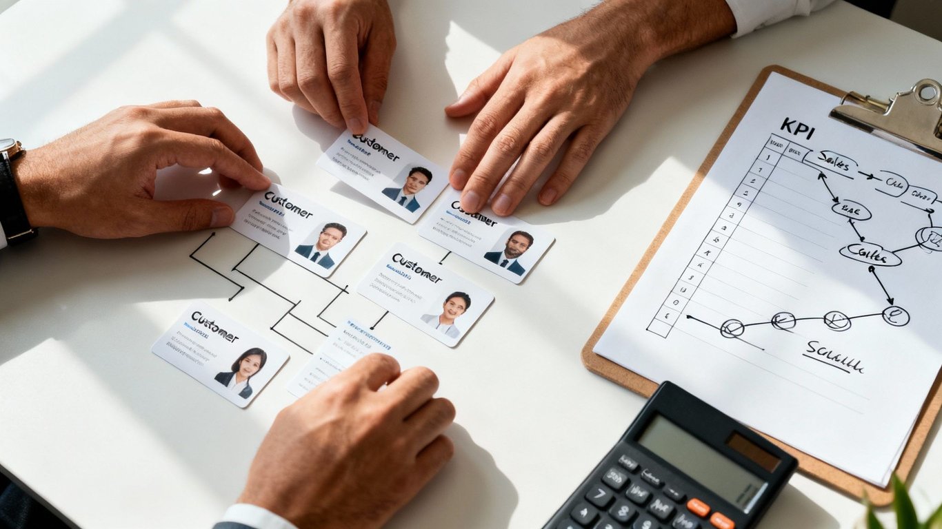 Hands arranging customer cards, forming an organizational chart on a table with a KPI graph.