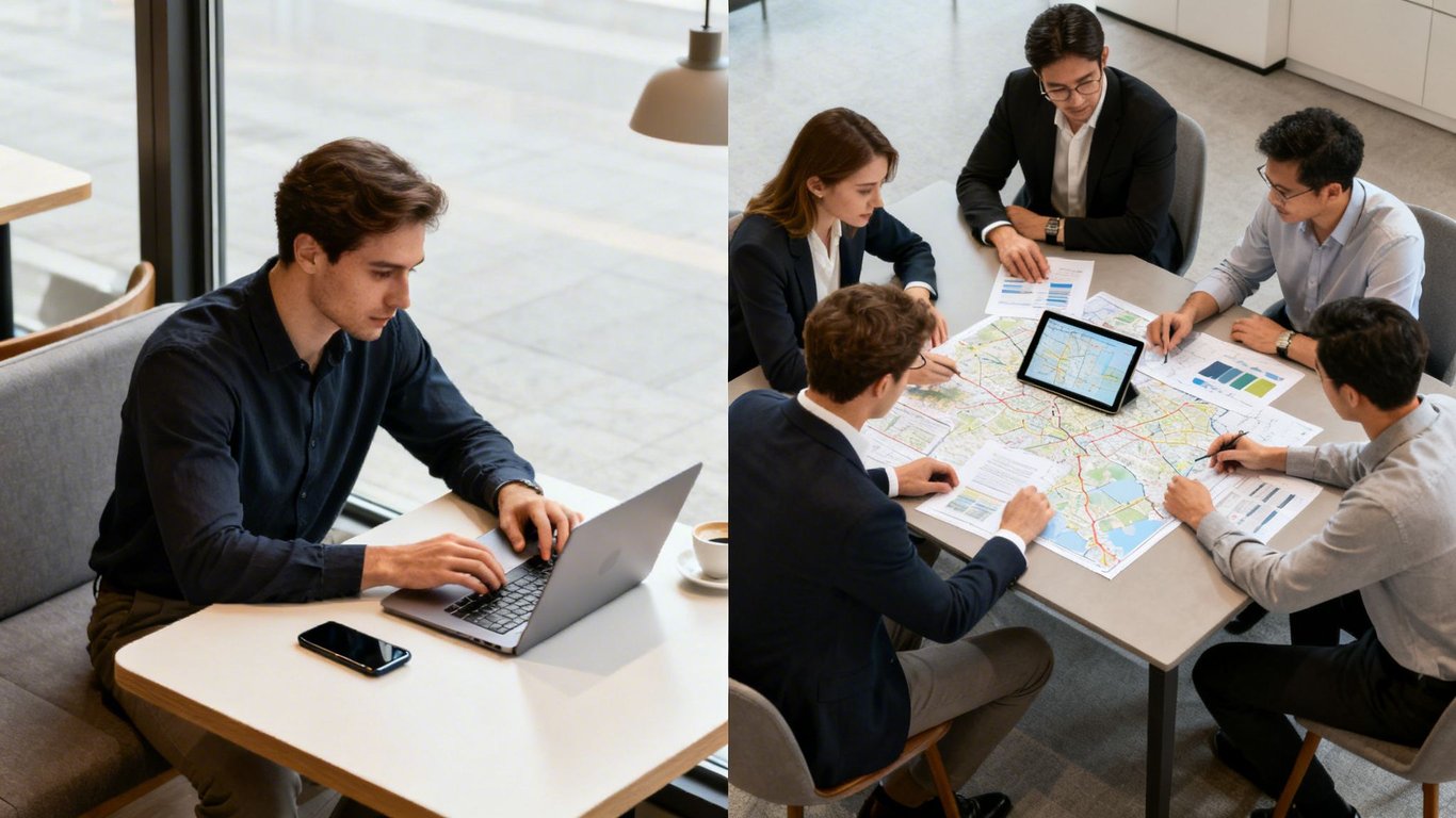 A man working on a laptop and a team collaborating on business planning with maps and charts.