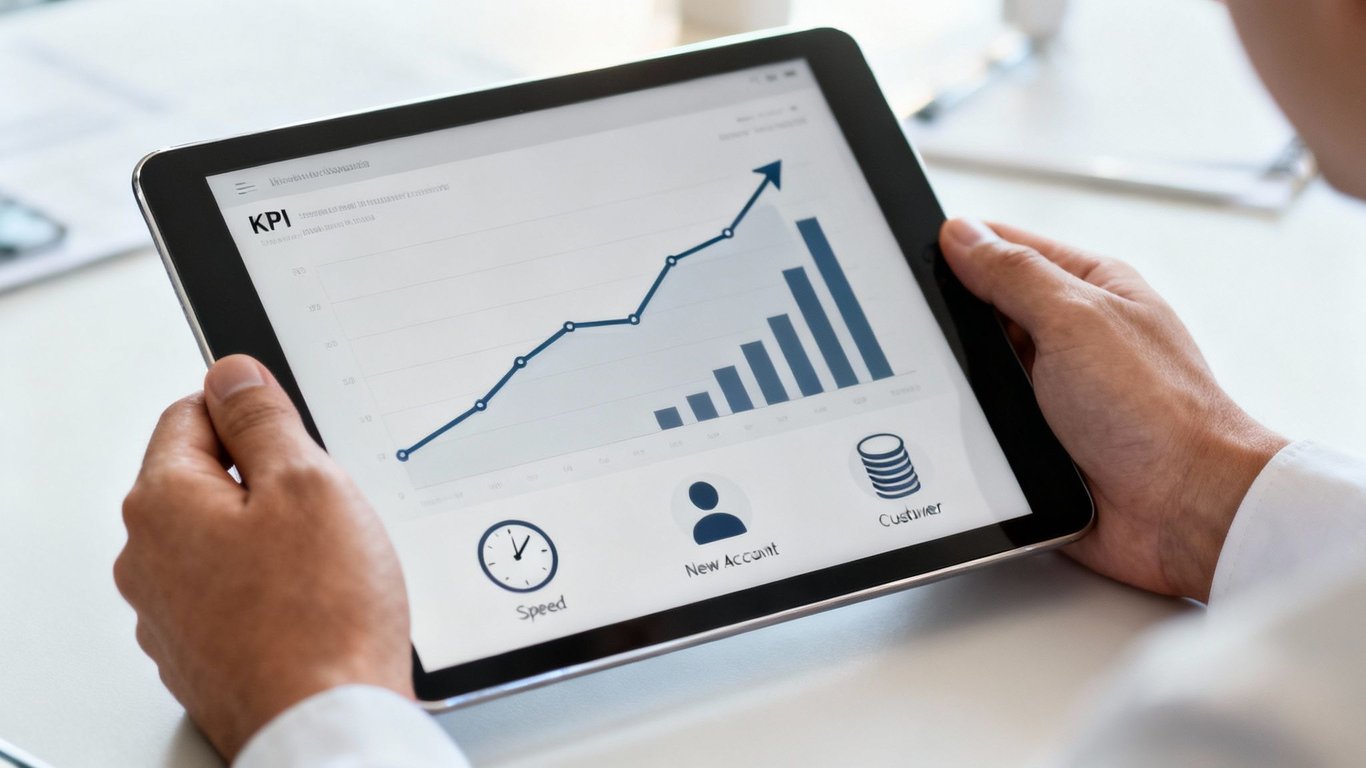 Close-up of hands holding a tablet displaying a KPI dashboard with a growing financial graph and business icons.