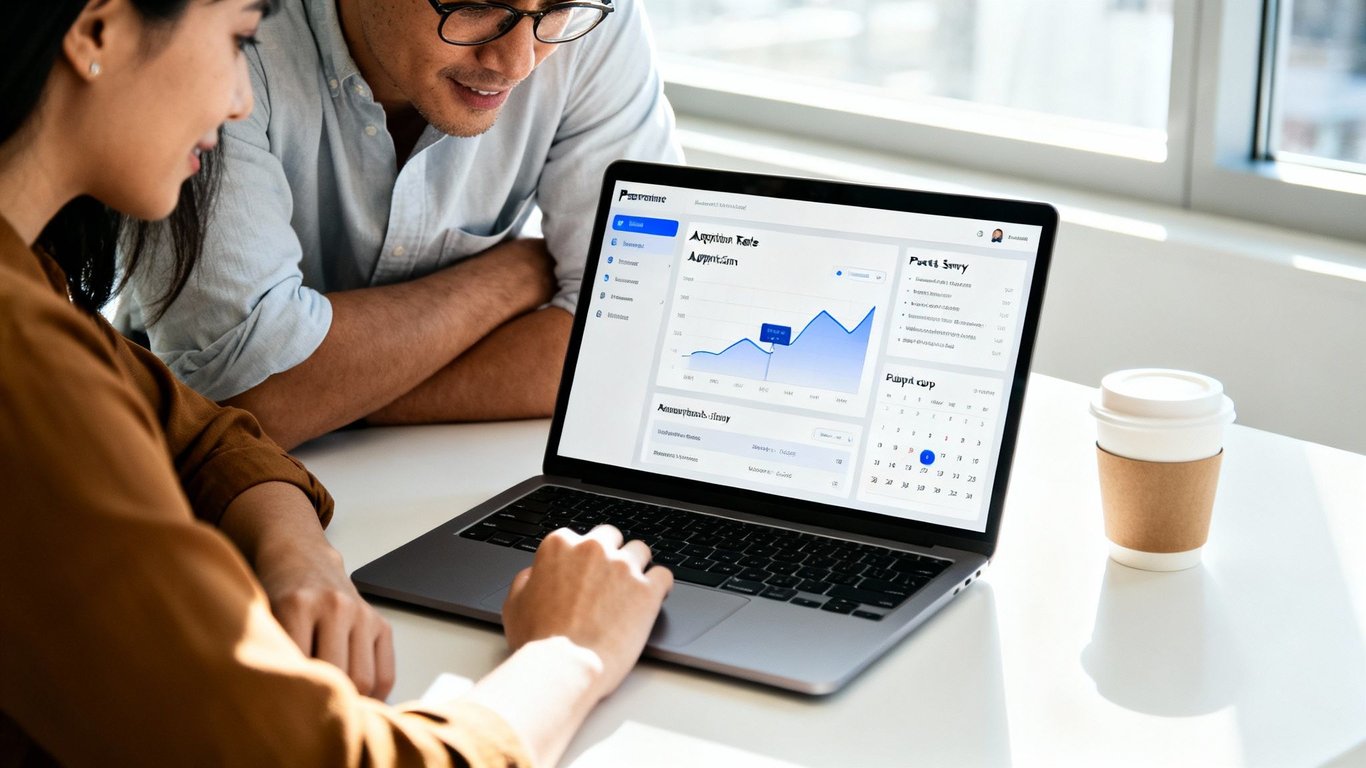 Two diverse professionals collaborating, looking at a laptop displaying a business dashboard with charts and a calendar.
