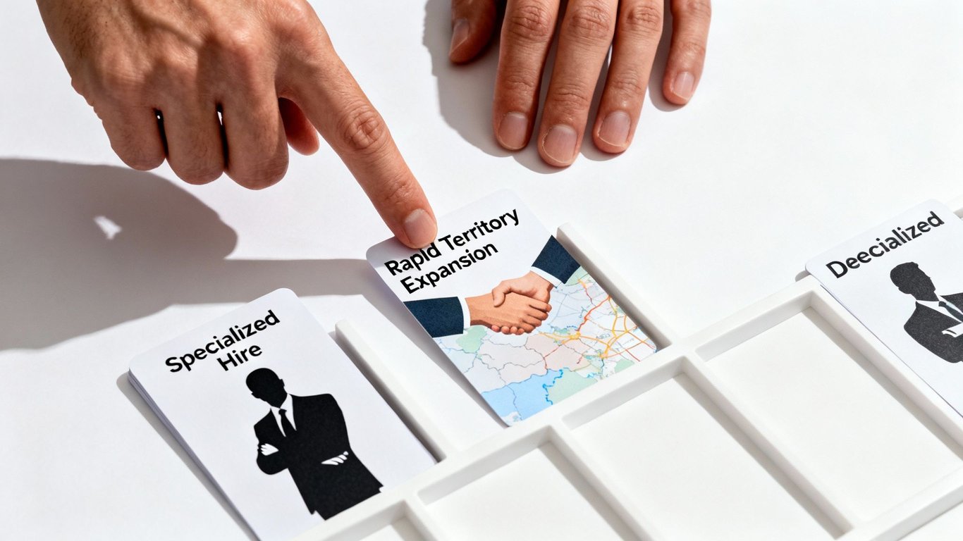 A hand points to a 'Rapid Territory Expansion' card among other recruitment strategy cards in a white tray.