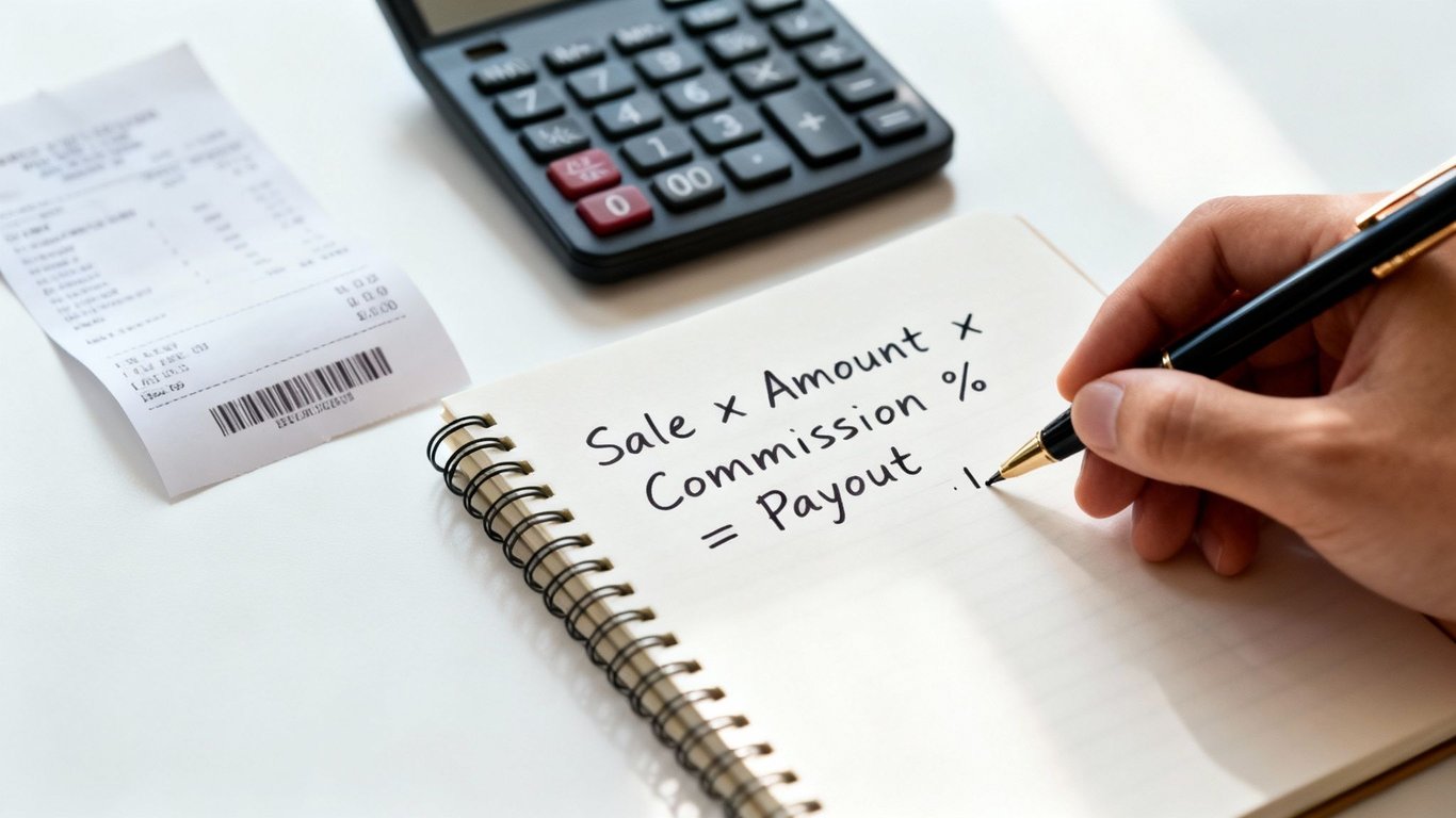 A hand writes a sales commission formula on a notepad with a calculator and receipt.