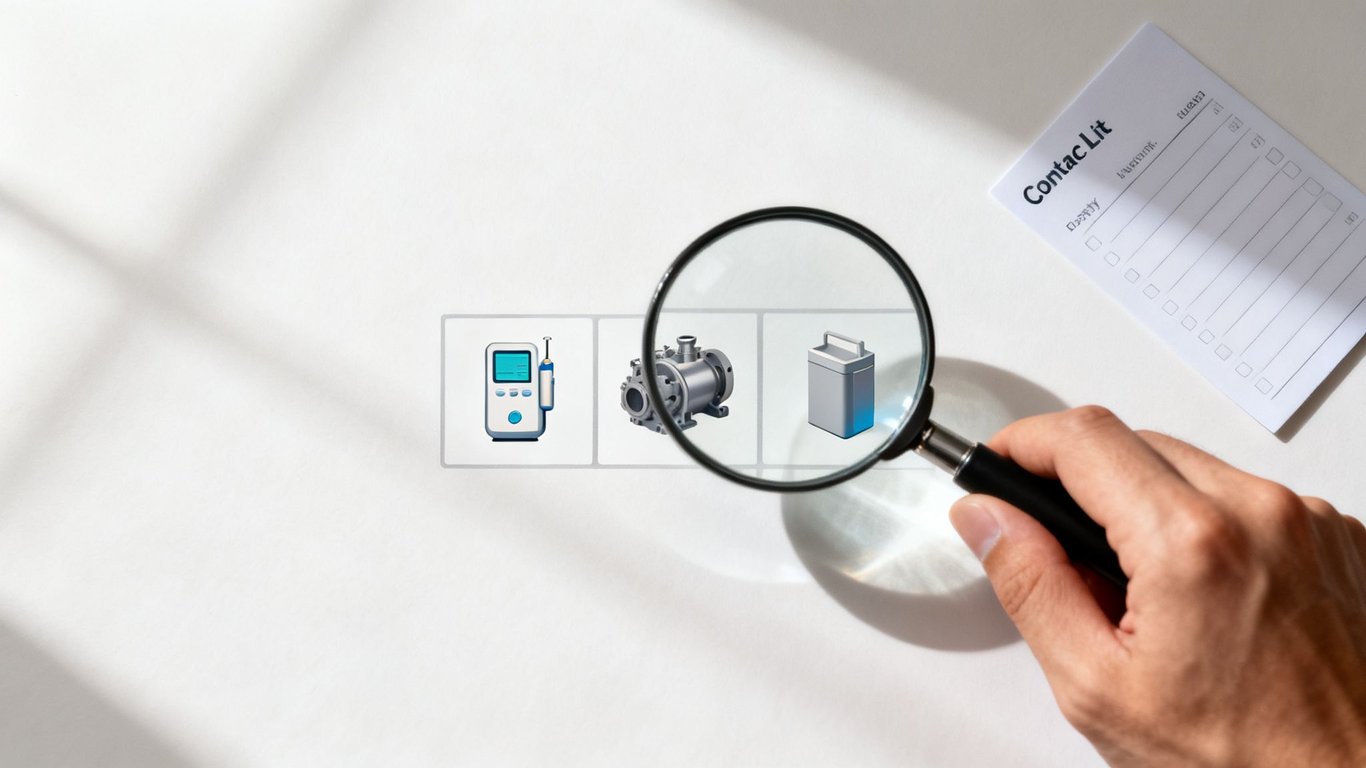 A hand holds a magnifying glass over icons of a medical device, pump, and storage box, next to a notepad.