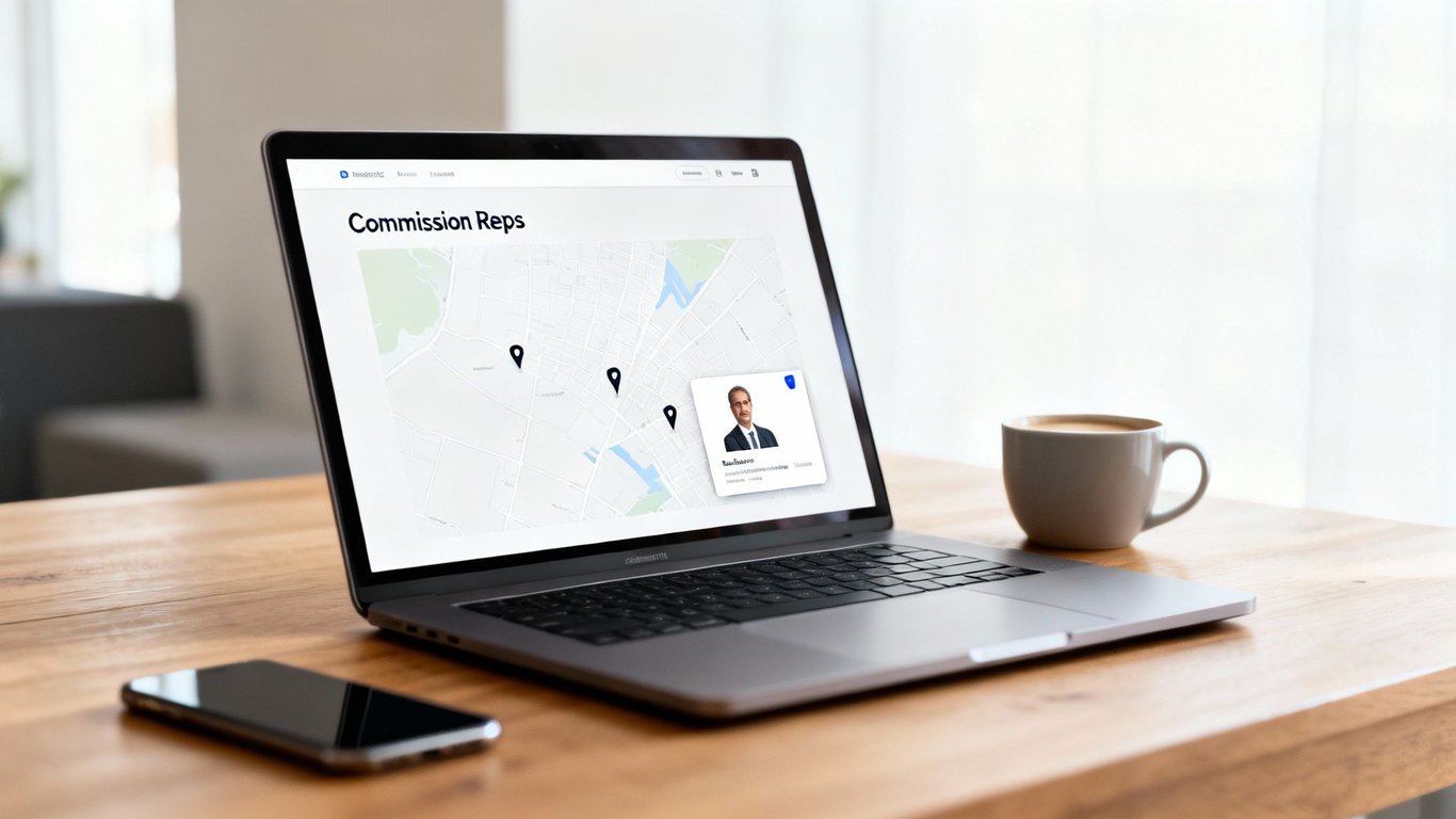 Laptop displaying a sales commission reps map with a profile card, next to a smartphone and coffee.
