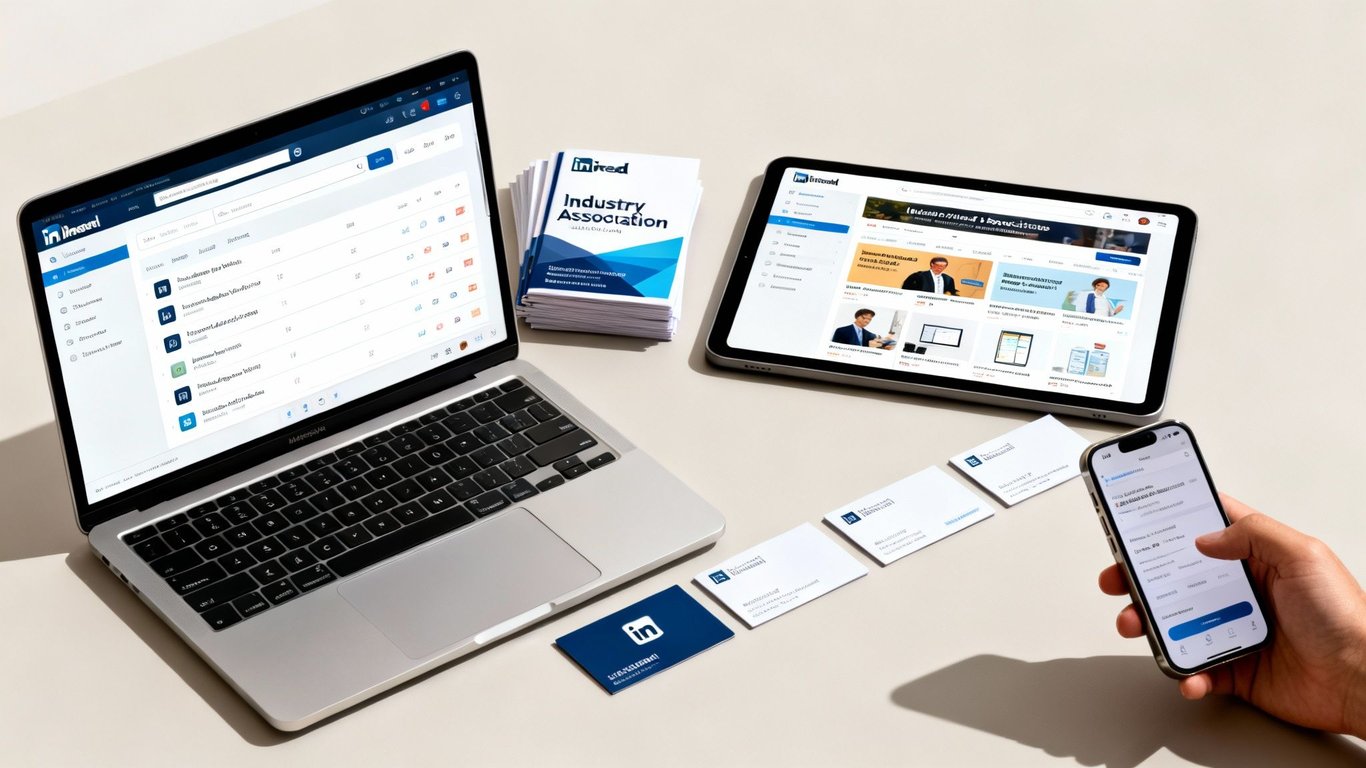 A modern desk with a laptop, tablet, phone, business cards, and stacked booklets, showcasing digital business tools.