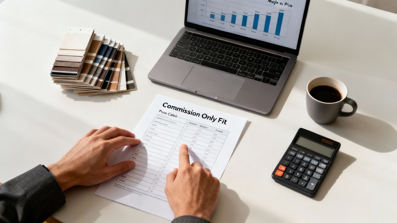 Hands pointing at a 'Commission Only Fit' document on a desk with a laptop, calculator, and samples.