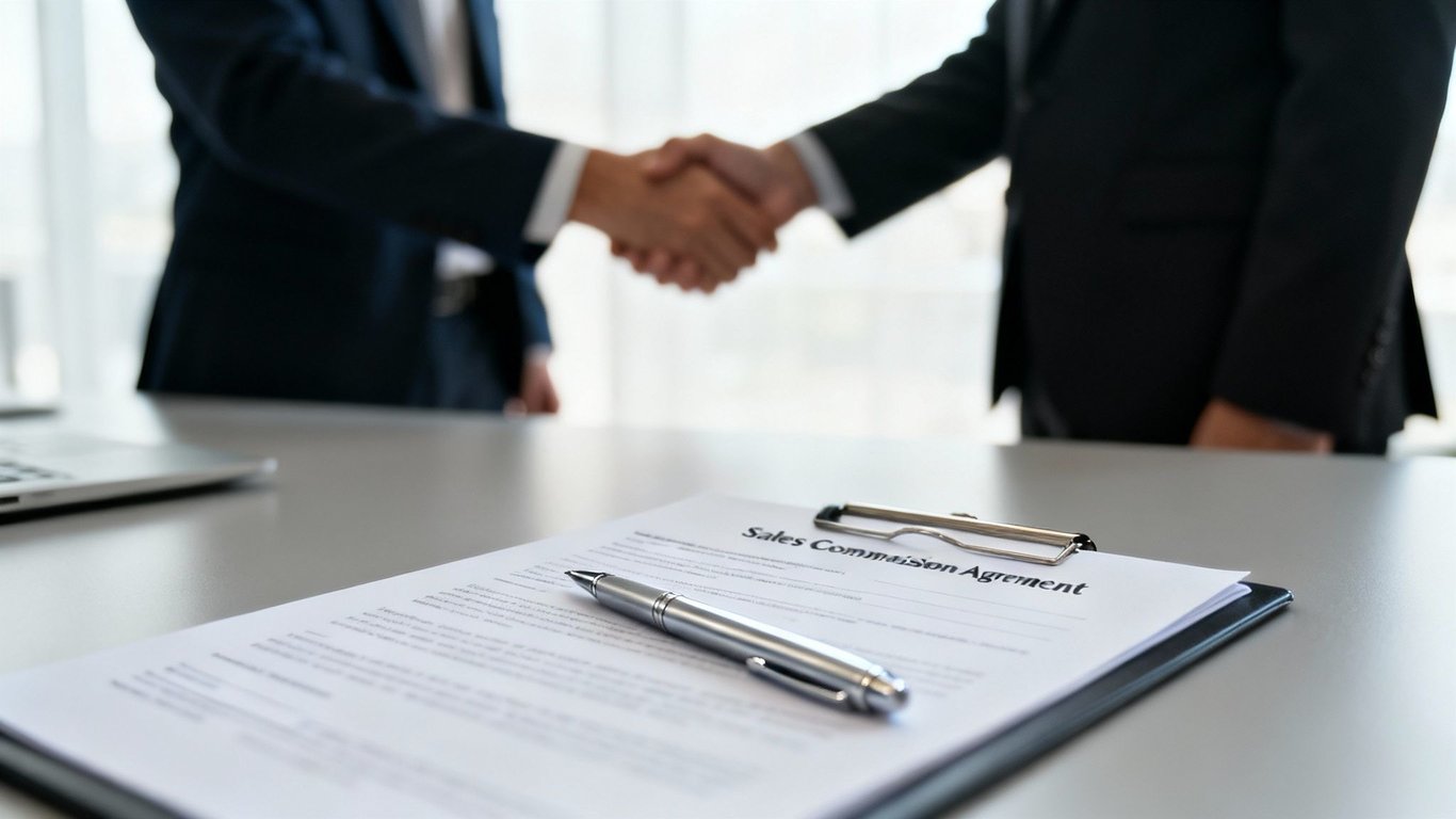 Two business professionals shaking hands over a sales commission agreement document with a pen.