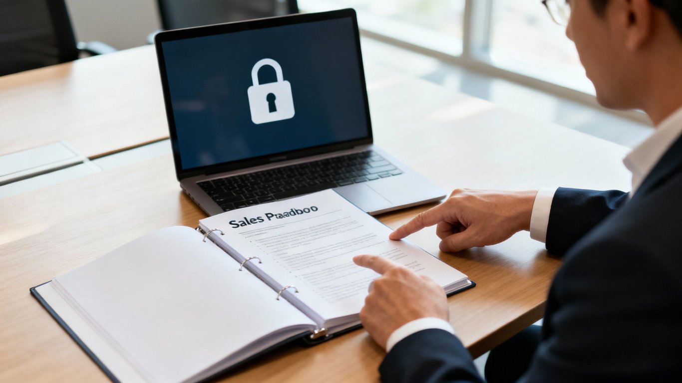 A professional reviews a 'Sales Playbook' binder, with a laptop displaying a security padlock icon on a desk.