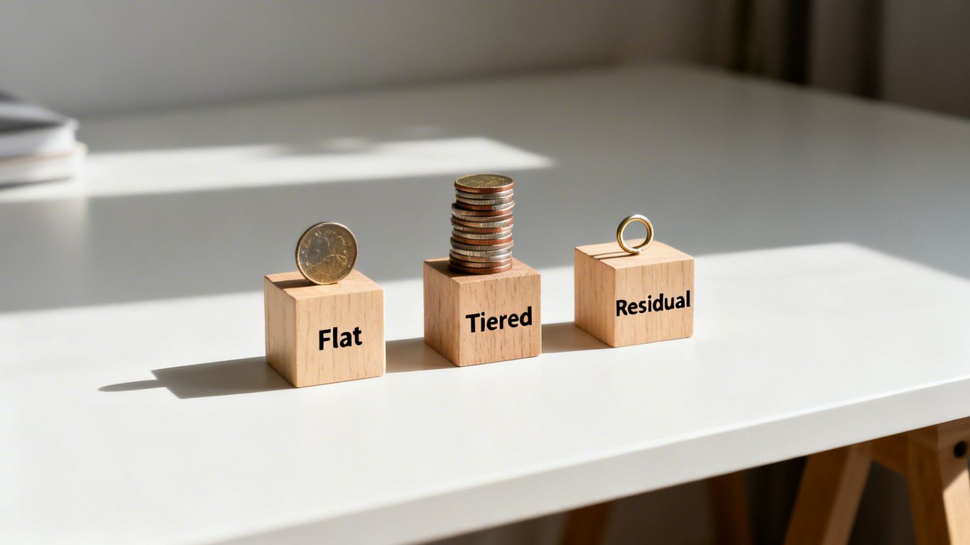 Three wooden blocks representing flat, tiered, and residual commission structures with coins and a ring.