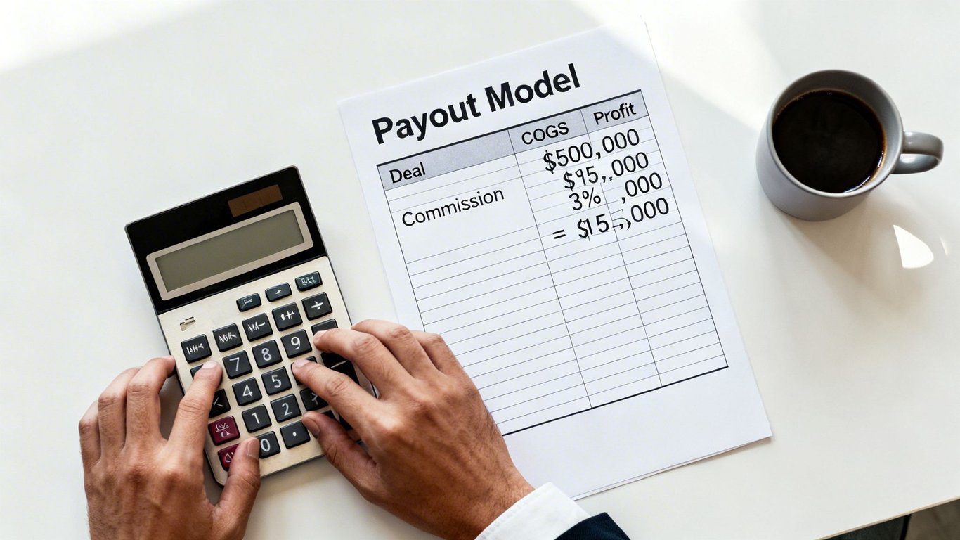 A person calculates commission on a payout model document with a calculator and coffee.
