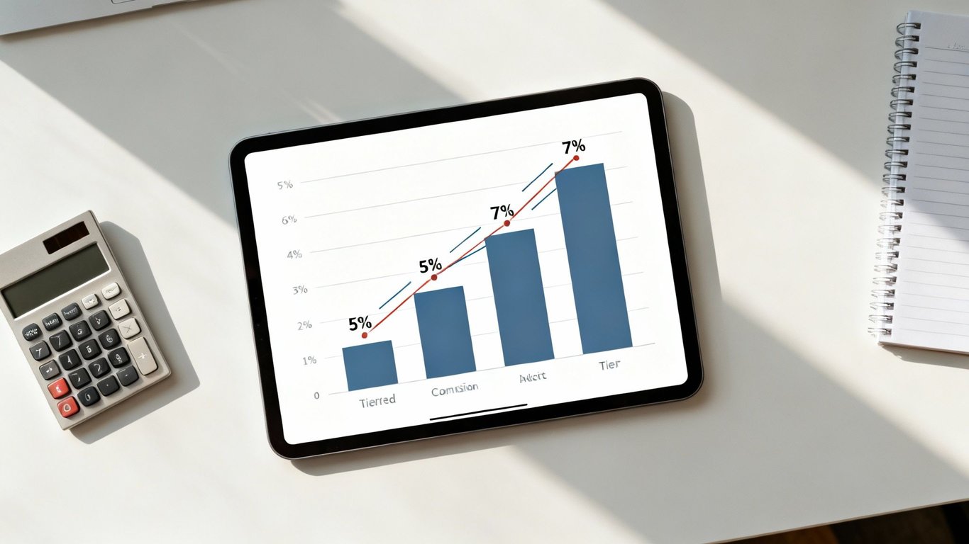 Tablet displaying a financial bar chart with percentages, a calculator, and a notebook on a white desk.