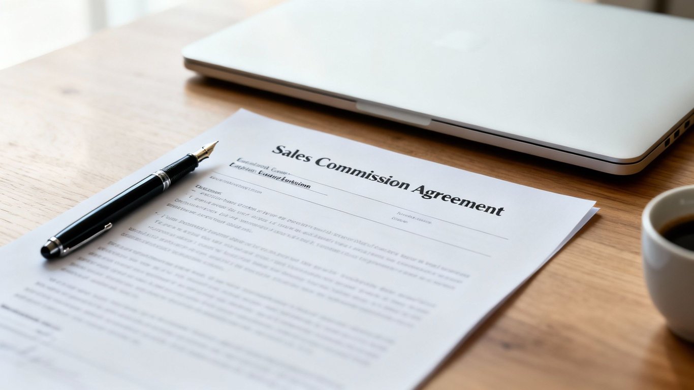 A sales commission agreement document, a pen, a laptop, and a coffee cup on a wooden desk.