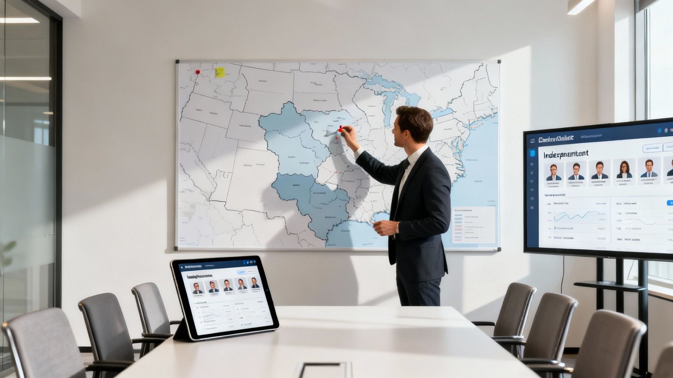 Businessman analyzing a US map with highlighted states and digital dashboards in an office.