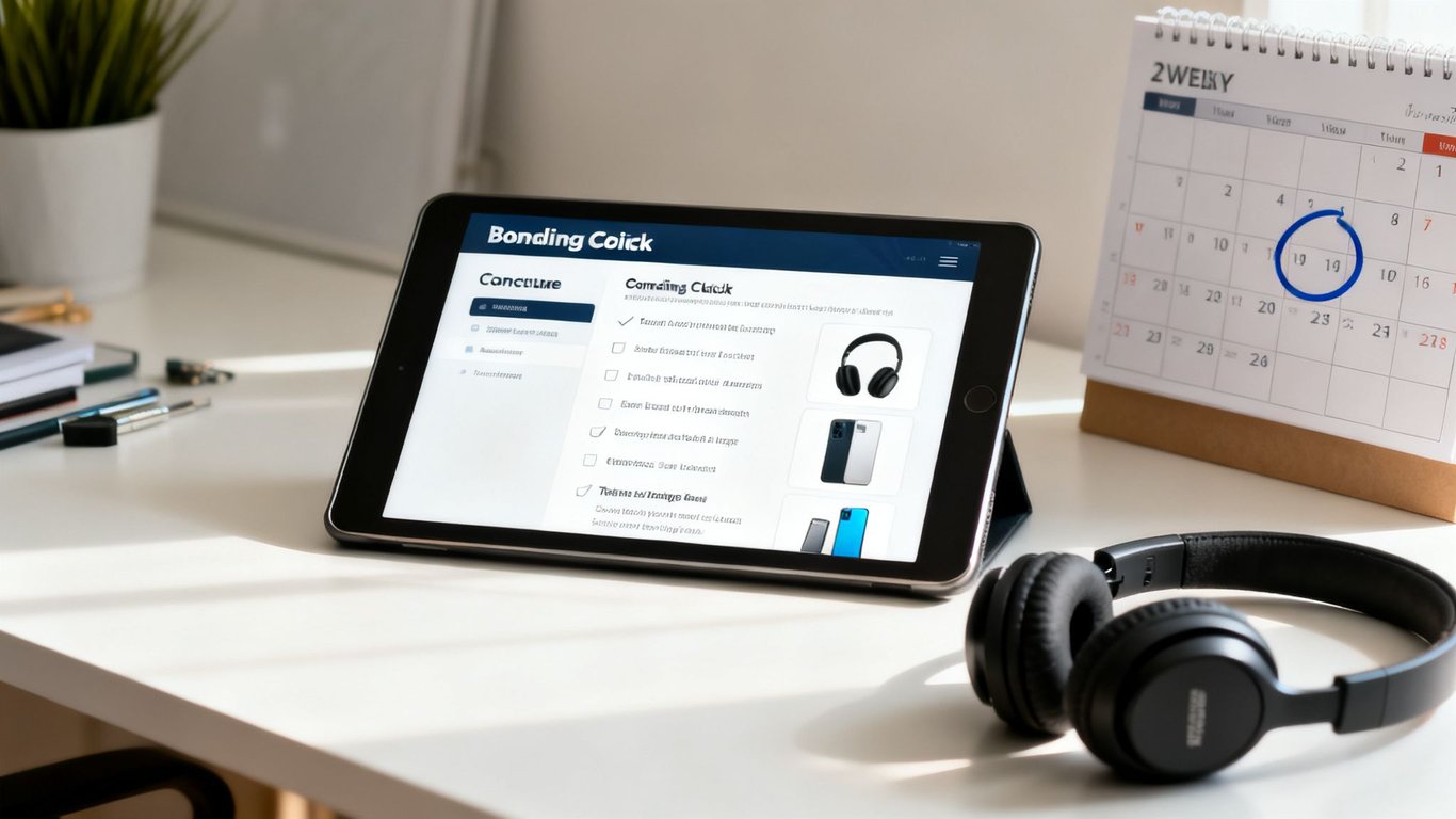 A tablet displaying a website with product images and checkboxes, next to headphones and a calendar.