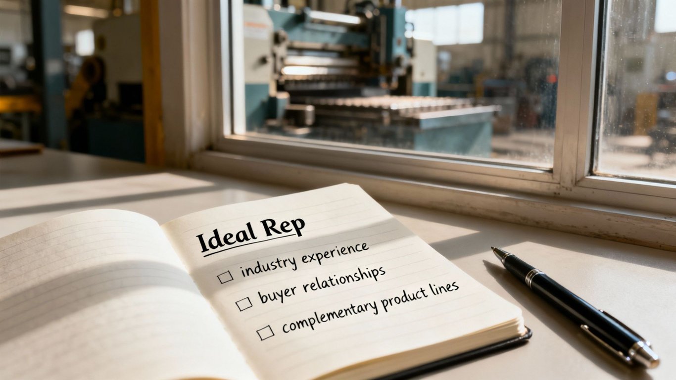 Notebook with 'Ideal Rep' qualities listed: industry experience, buyer relationships, complementary product lines, with a factory background.