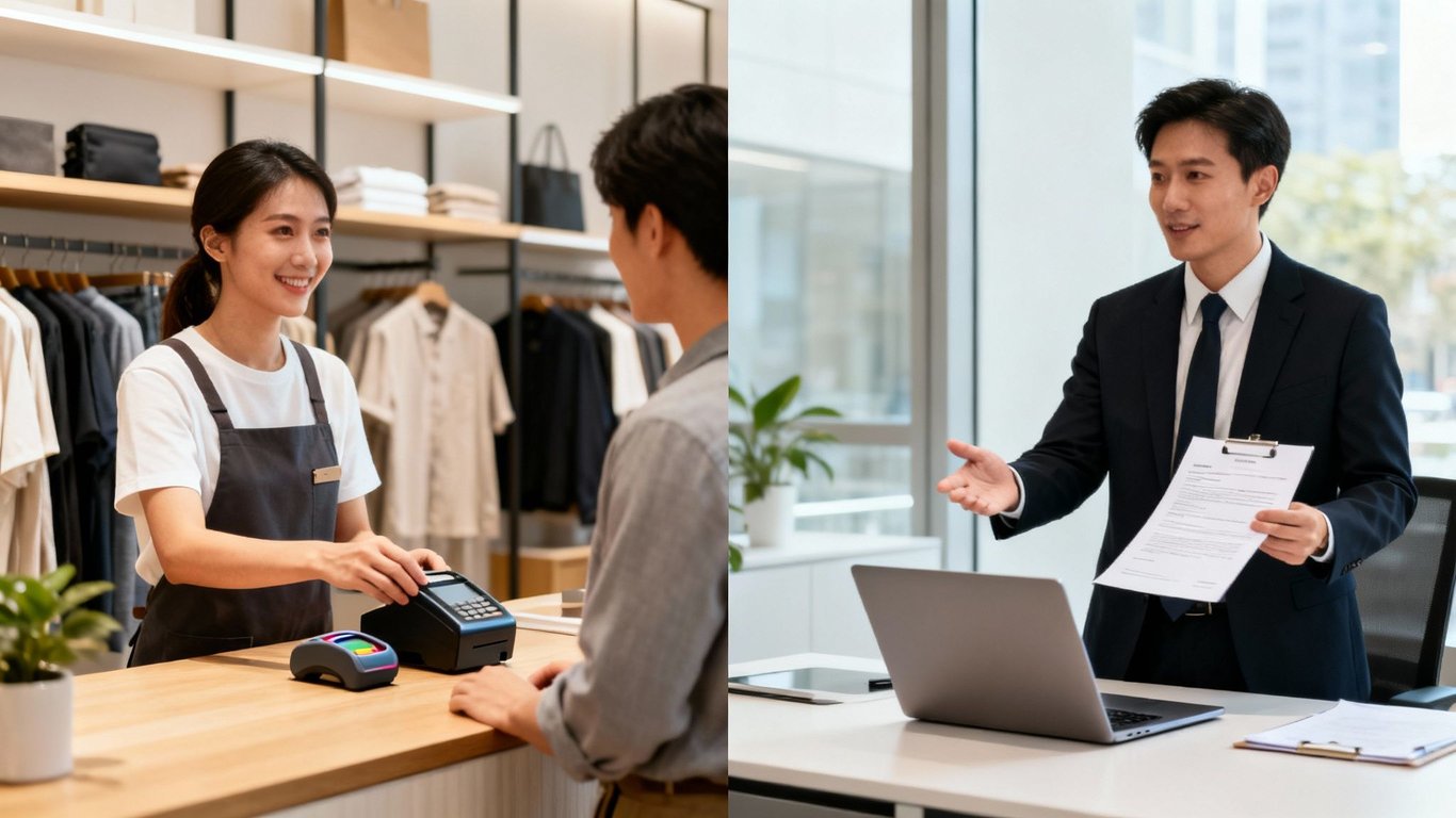 Two professionals in different sales roles: a smiling retail associate and a corporate sales representative.