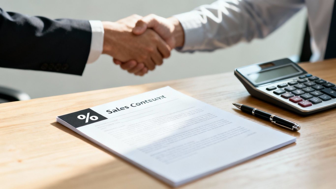 Businessmen shaking hands, with a 'Sales Contratum' document, calculator, and pen on a wooden table.