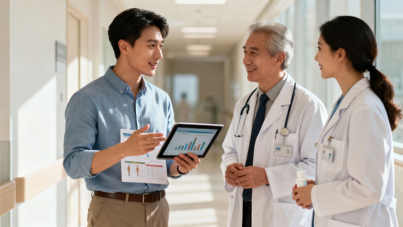 A pharmaceutical sales representative discusses medical data on a tablet with two doctors in a hospital hallway.
