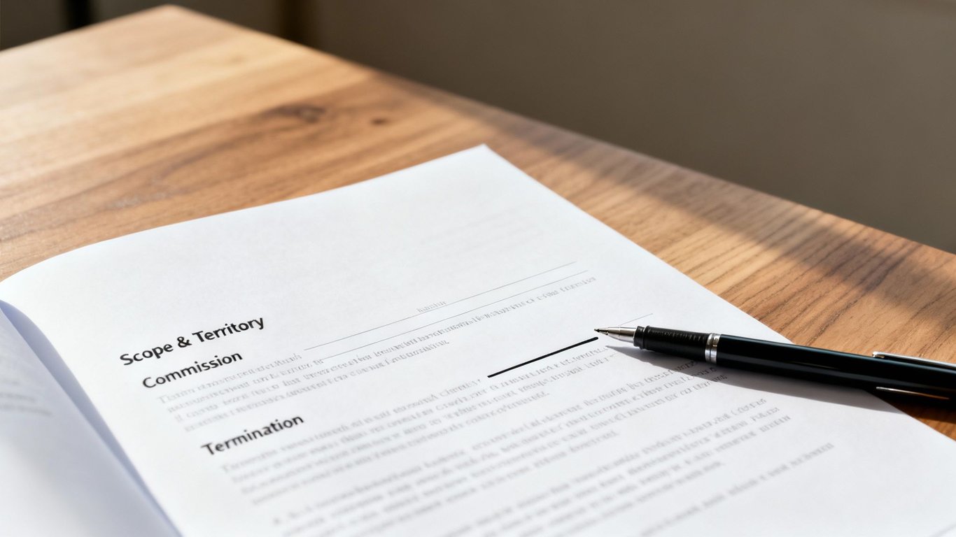 An open sales commission agreement document with a pen resting on a wooden desk.
