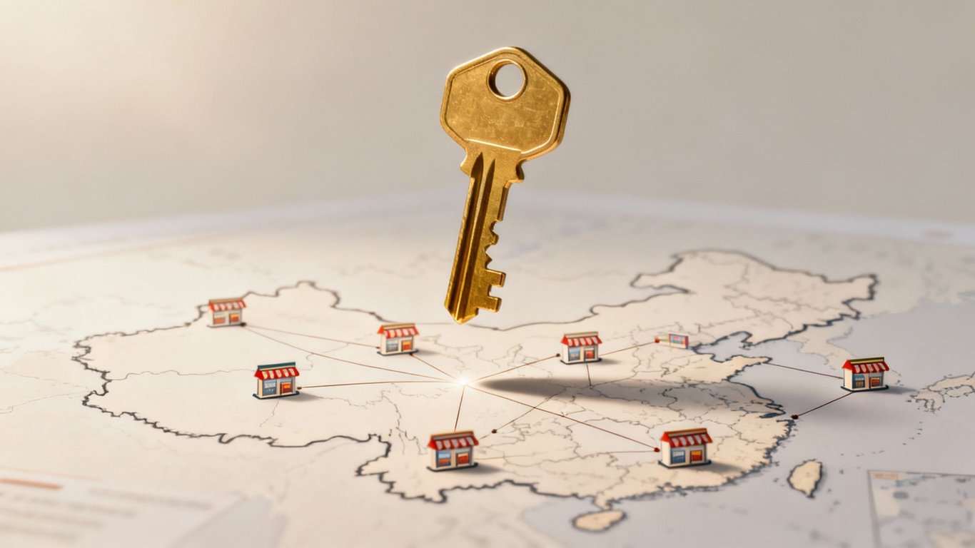 Golden key hovers over a map of China with connected miniature franchise stores, symbolizing business expansion.