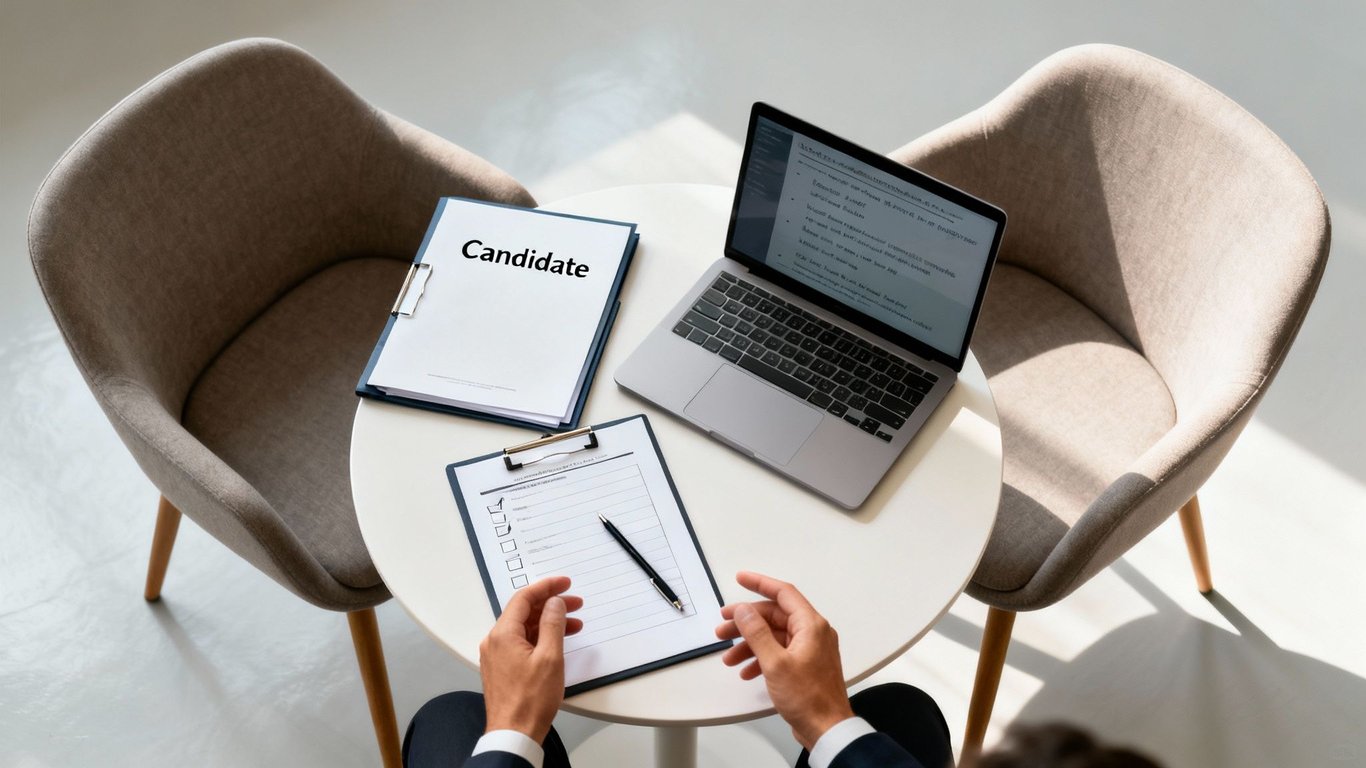 Overhead view of an interview setup with a laptop, 'Candidate' folder, and checklist.