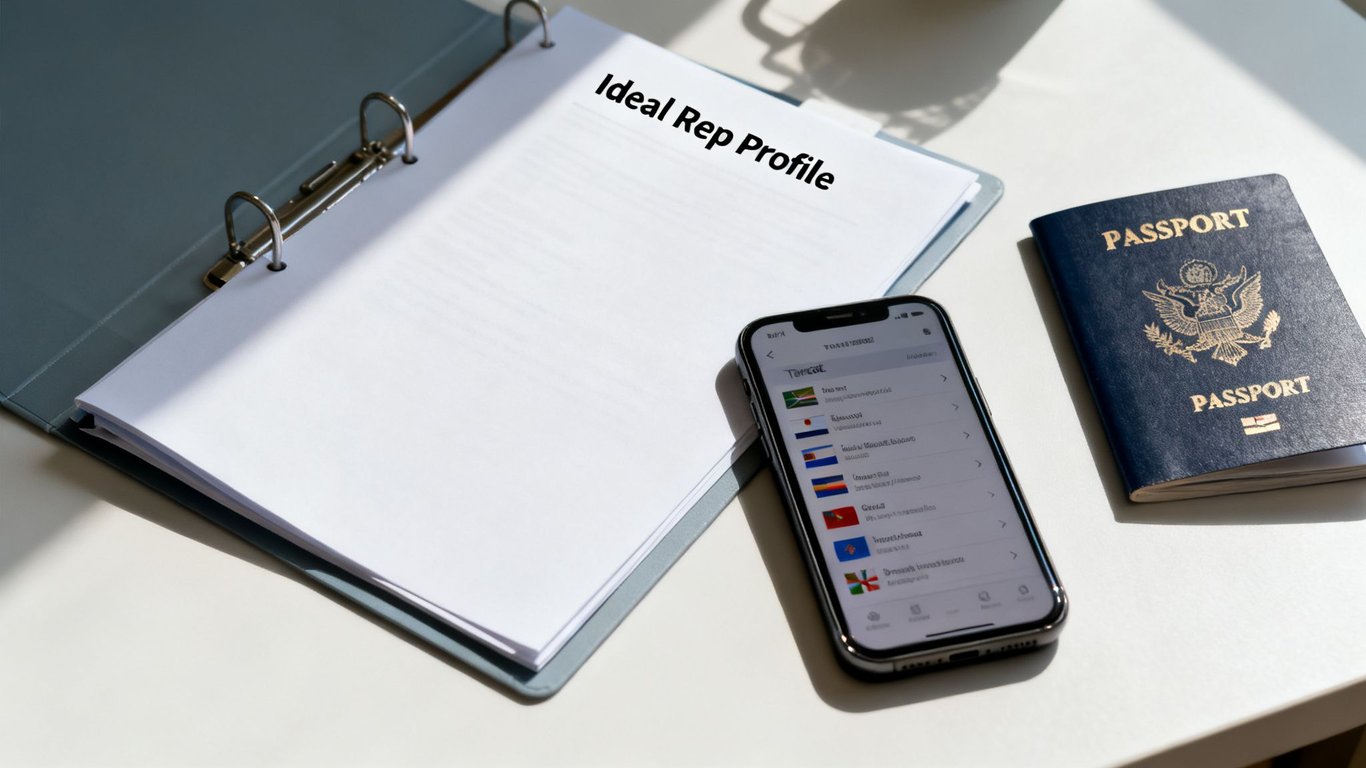 A binder with 'Ideal Rep Profile' document, a smartphone showing country flags, and a US passport on a desk.