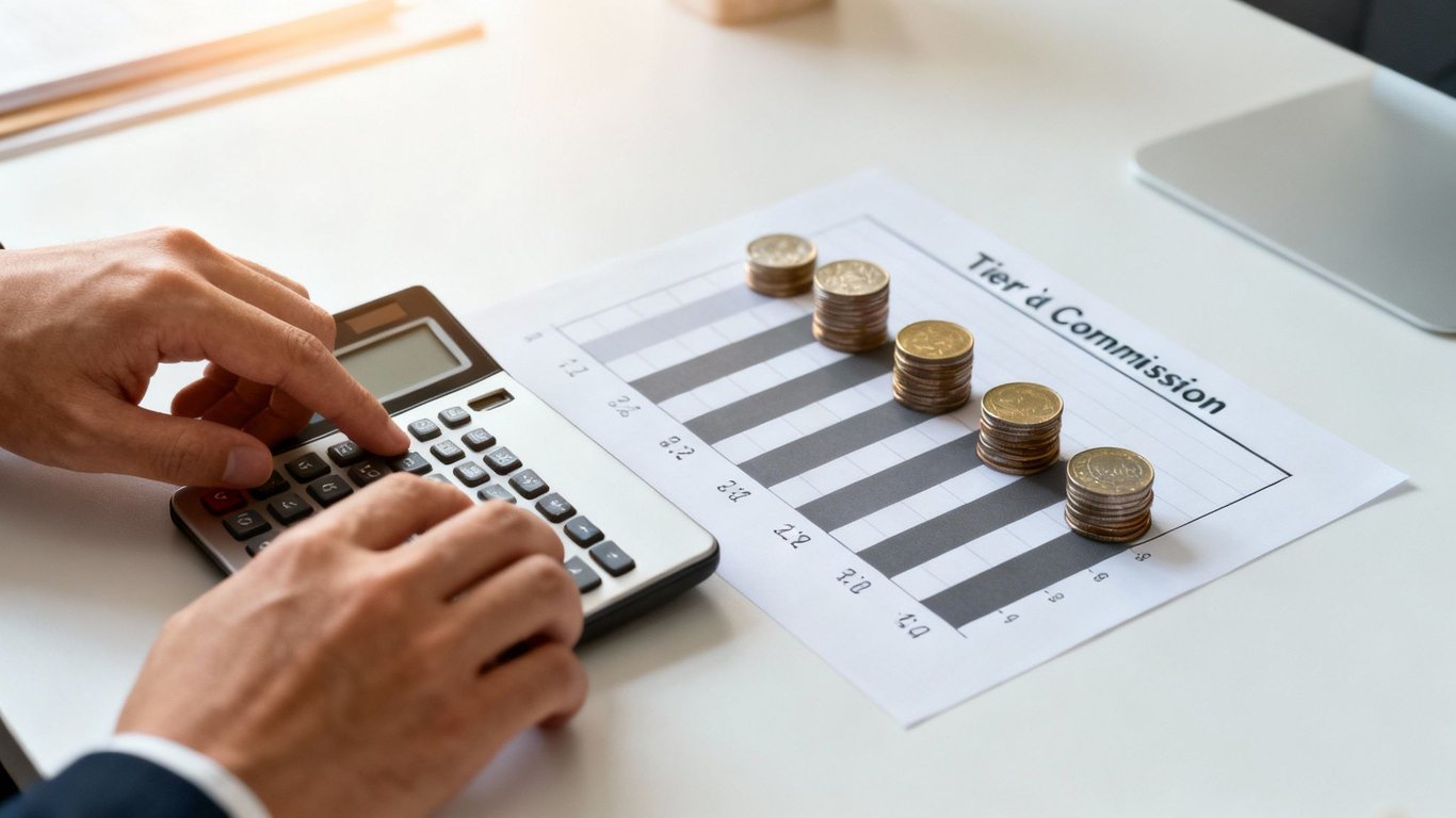 Hands calculating commissions on a calculator, next to a graph with stacked coins representing earnings.