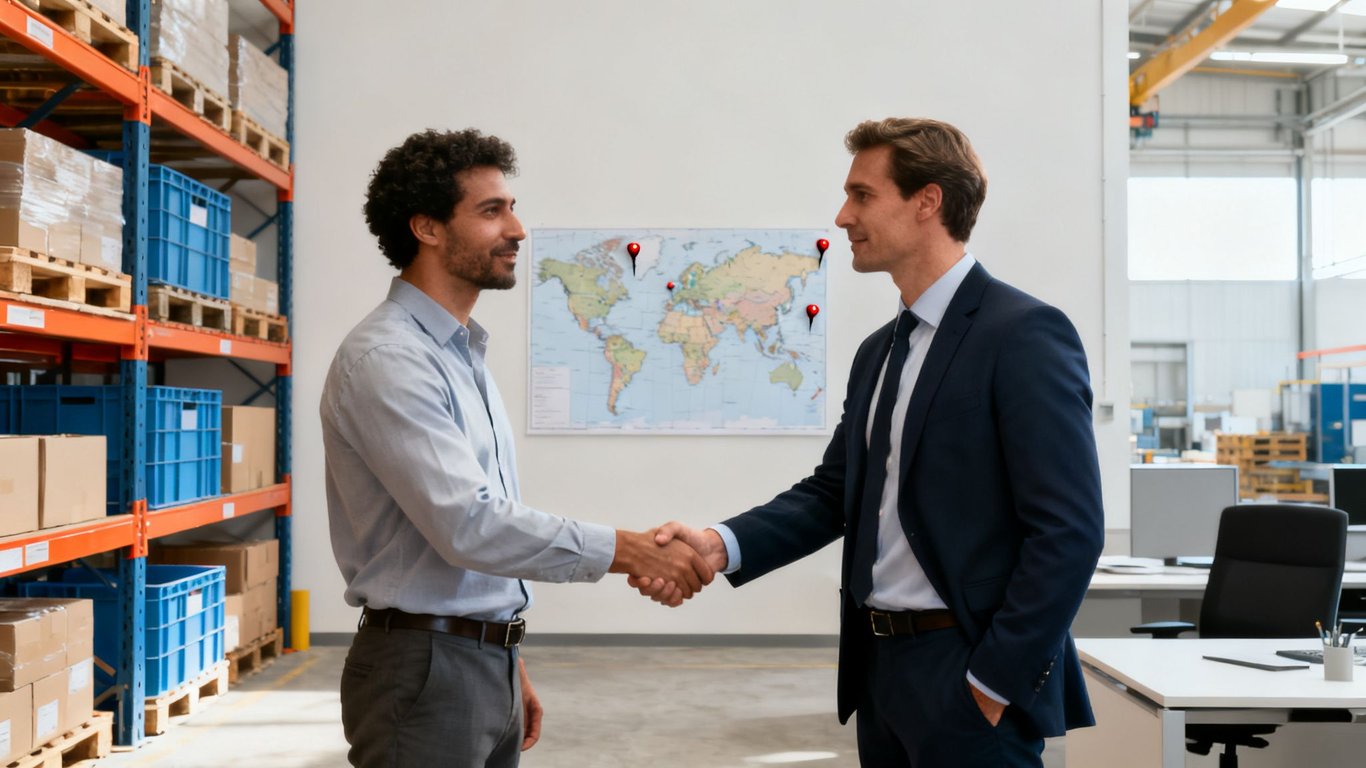 Two diverse businessmen shaking hands in a modern warehouse, signifying a global business partnership.