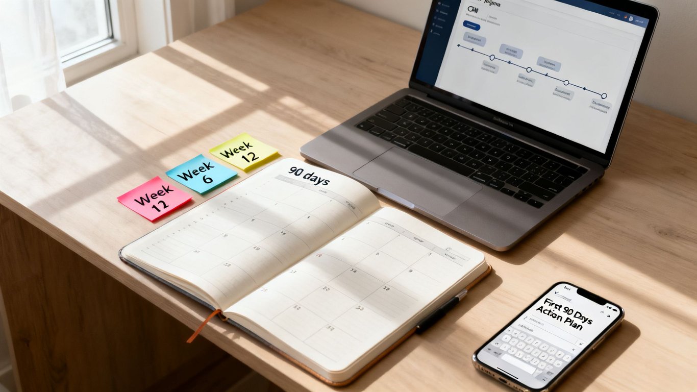 A workspace with a laptop, a '90 days' planner, sticky notes, and a phone showing an action plan.
