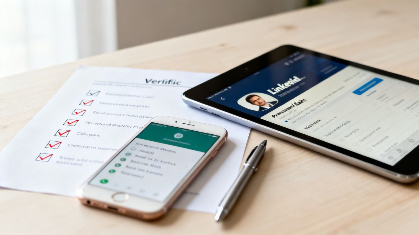 A desk with a checklist, smartphone, tablet displaying a LinkedIn profile, and a pen, suggesting sales and verification.