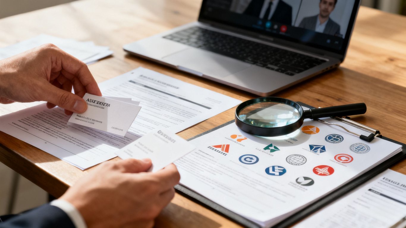 Hands holding business cards at a desk with a laptop video call, documents, and logos.