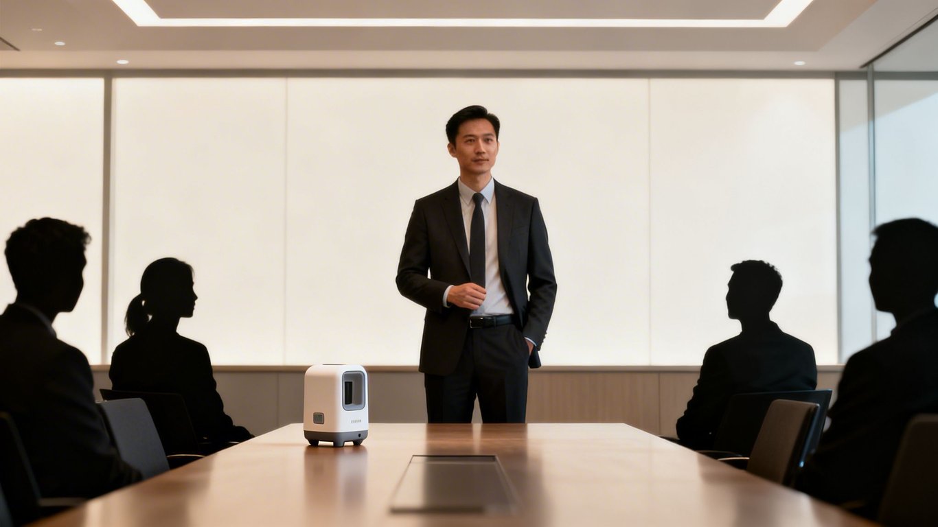 A man in a suit presents in a modern conference room with a silhouetted audience and a device on the table.