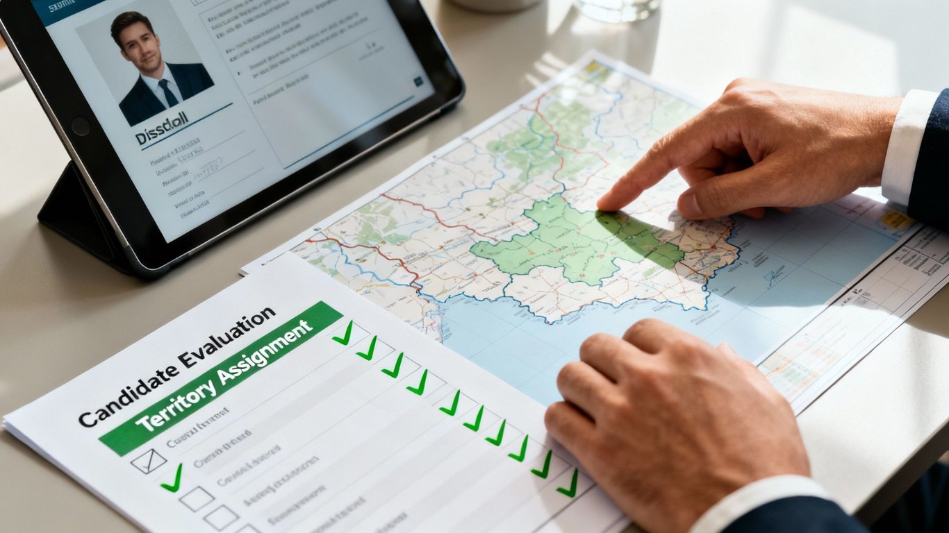A person evaluates a sales candidate for territory assignment, pointing at a map while reviewing a profile on a tablet.