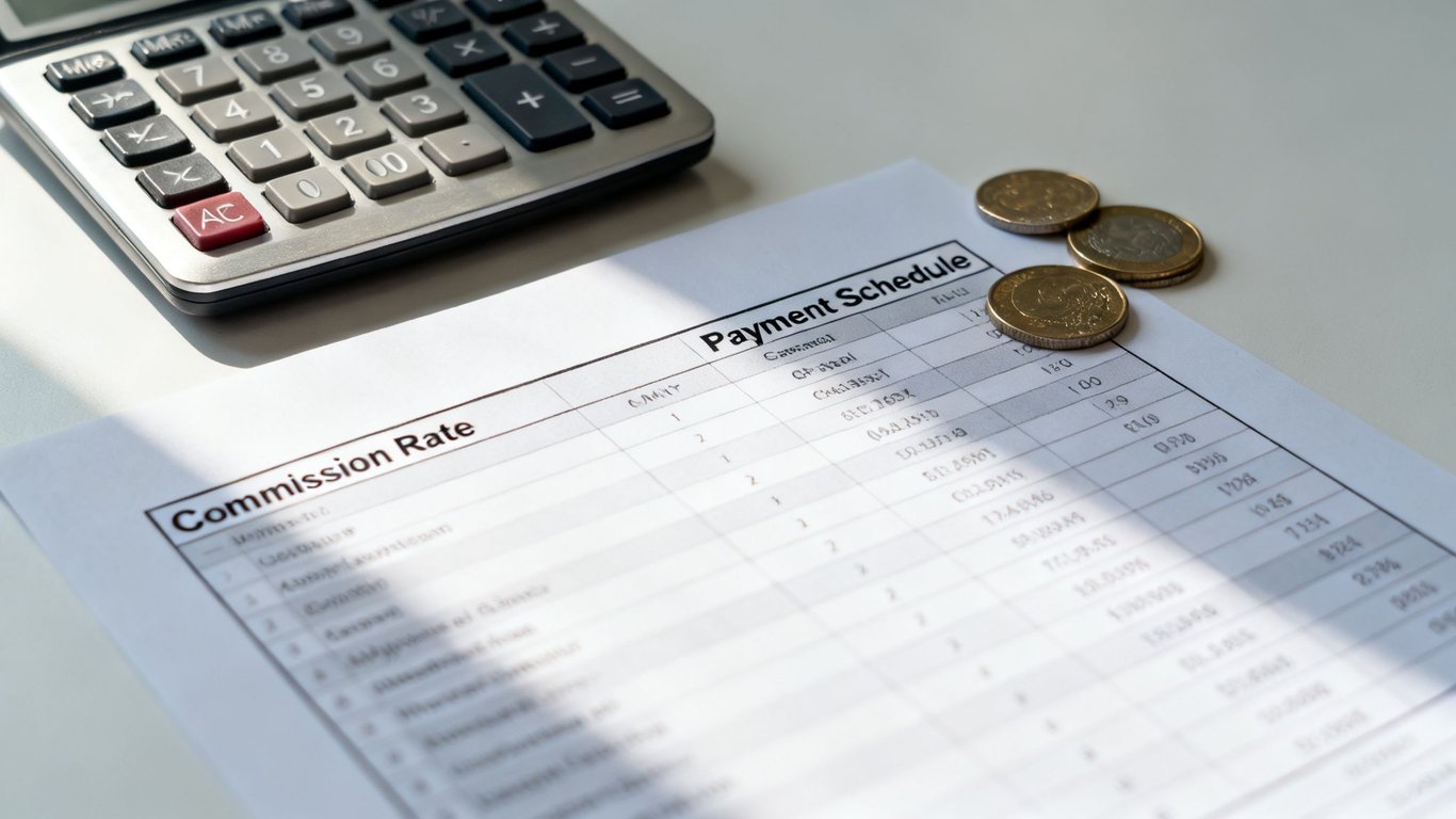 A calculator, payment schedule, and commission rate documents with coins on a white desk, representing financial planning.