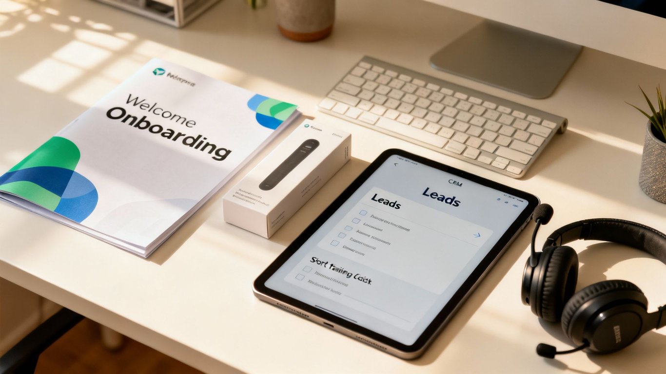 A modern desk setup featuring an 'Onboarding' brochure, a tablet showing CRM leads, headphones, and a keyboard.