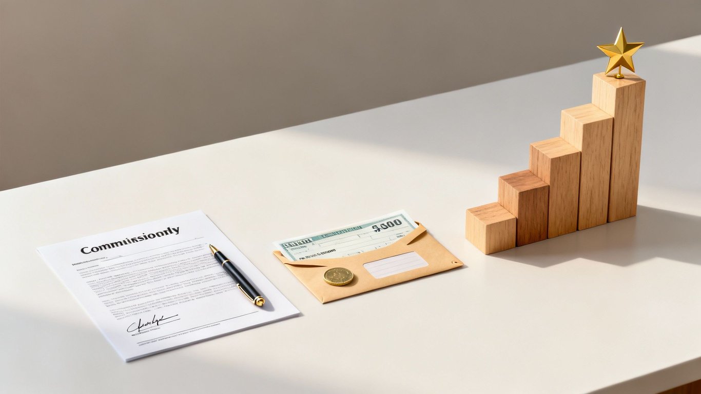 A 'Commissiononly' contract, pen, check in an envelope, coin, and rising wooden blocks with a golden star on a desk.