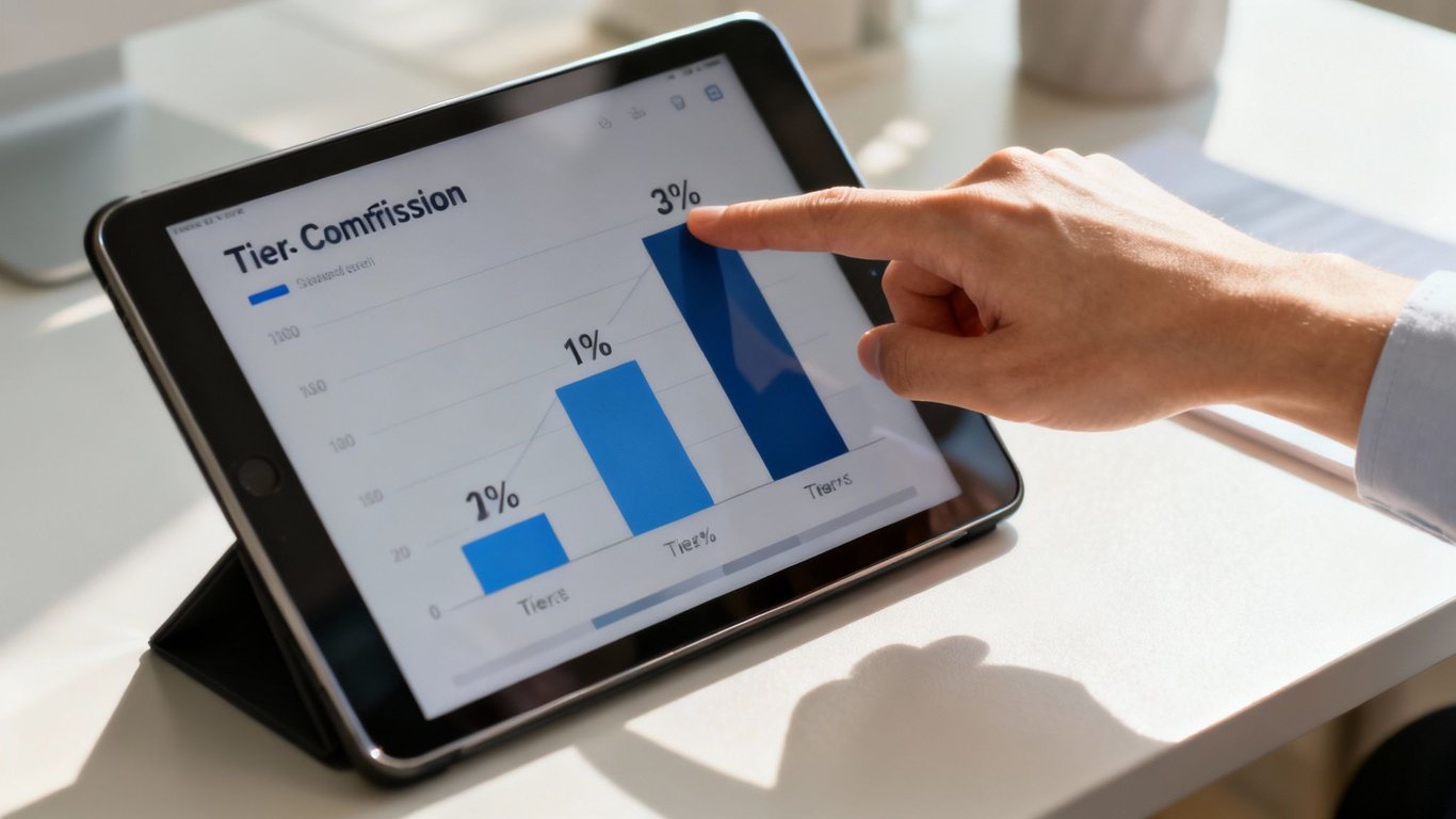 A hand points at a tablet screen displaying a bar chart titled 'Tier. Commission', showing percentages 2%, 1%, and 3%.