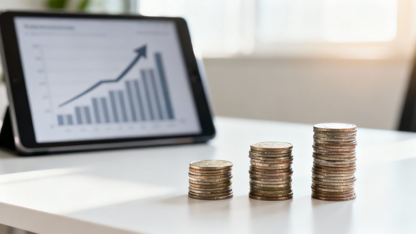 Three stacks of coins with a tablet in the background displaying an upward trending bar and line graph, representing financial growth.