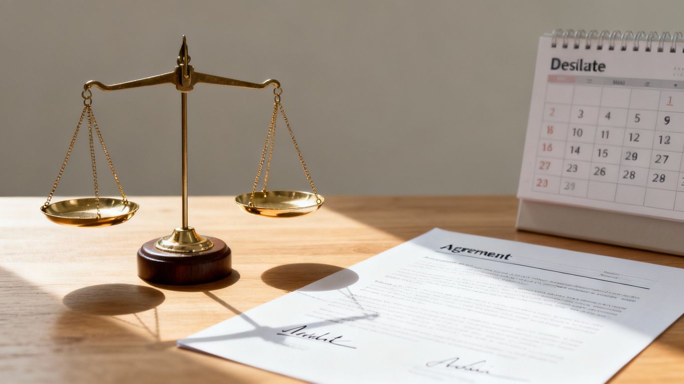 A brass scale of justice, a signed agreement, and a desk calendar on a wooden table.