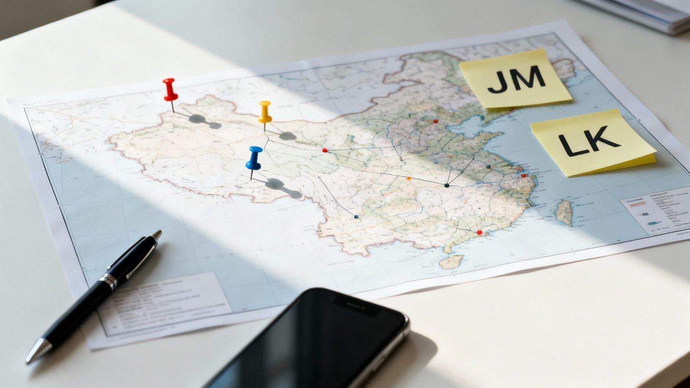 A detailed map of China with colorful pushpins, connection lines, a pen, and a smartphone, illustrating strategic planning.