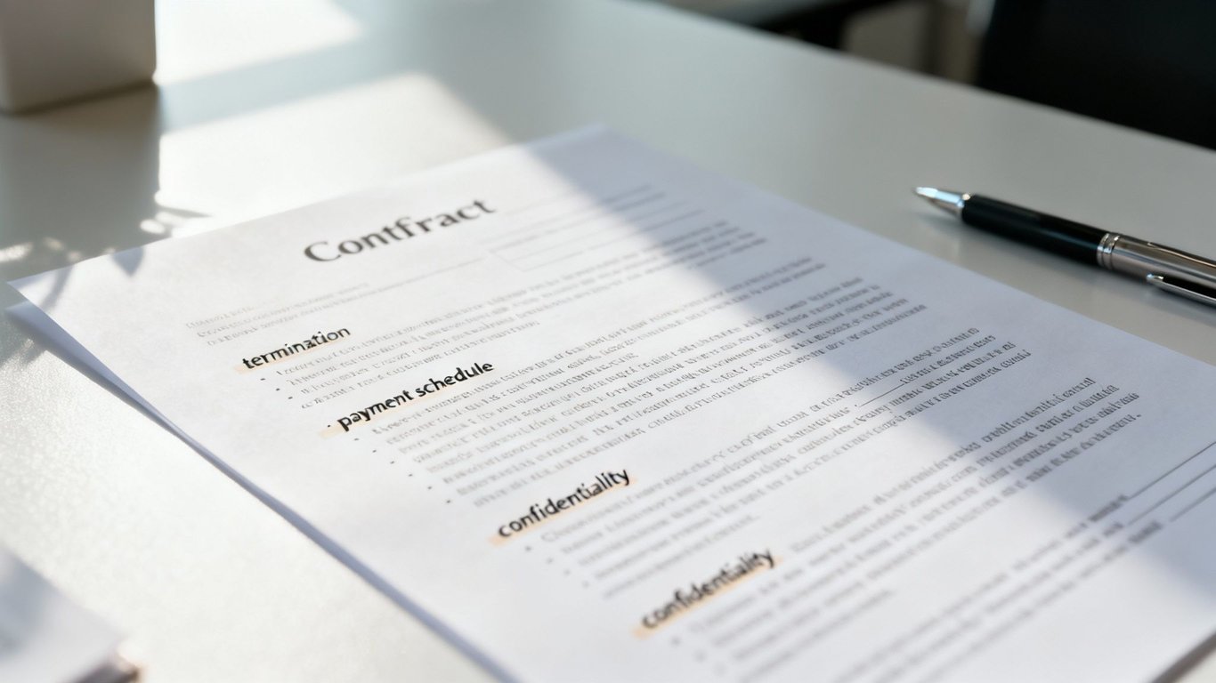 A detailed view of a contract document with highlighted sections and a pen on a white desk.