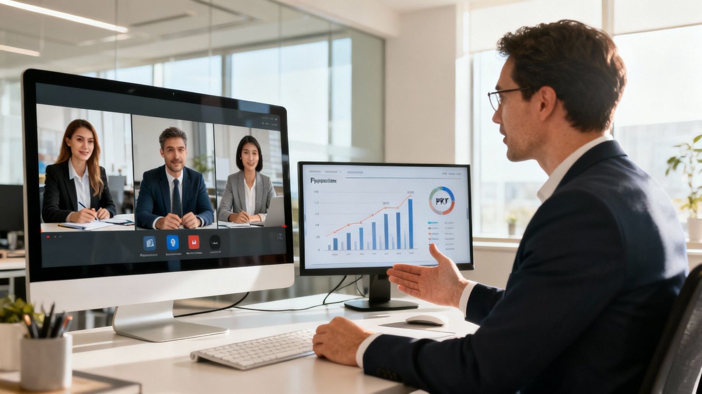 A man in an office video conferencing with three colleagues while reviewing business data on a second monitor.