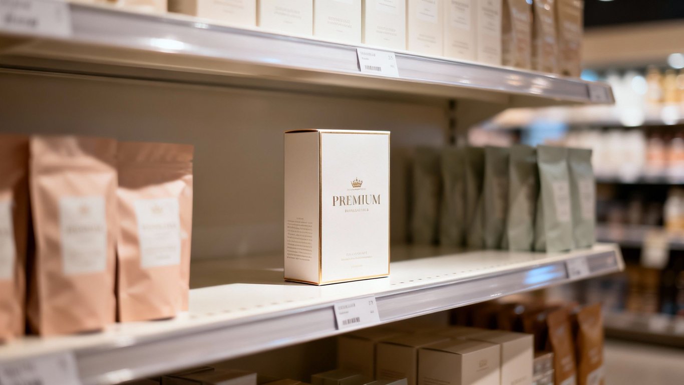 A retail shelf displaying a prominent white and gold "PREMIUM" product box amidst other packages.