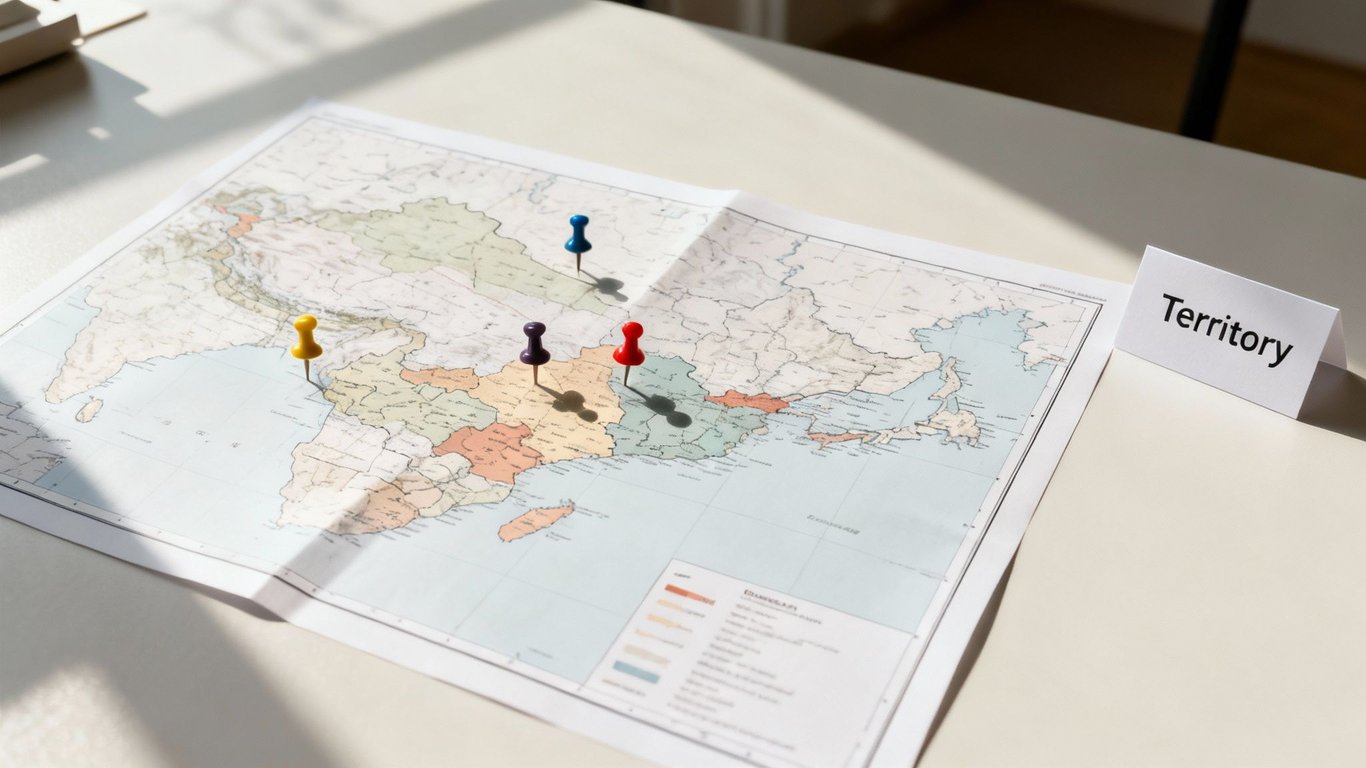 A map with colorful pushpins marking various locations, placed on a desk next to a 'Territory' sign.